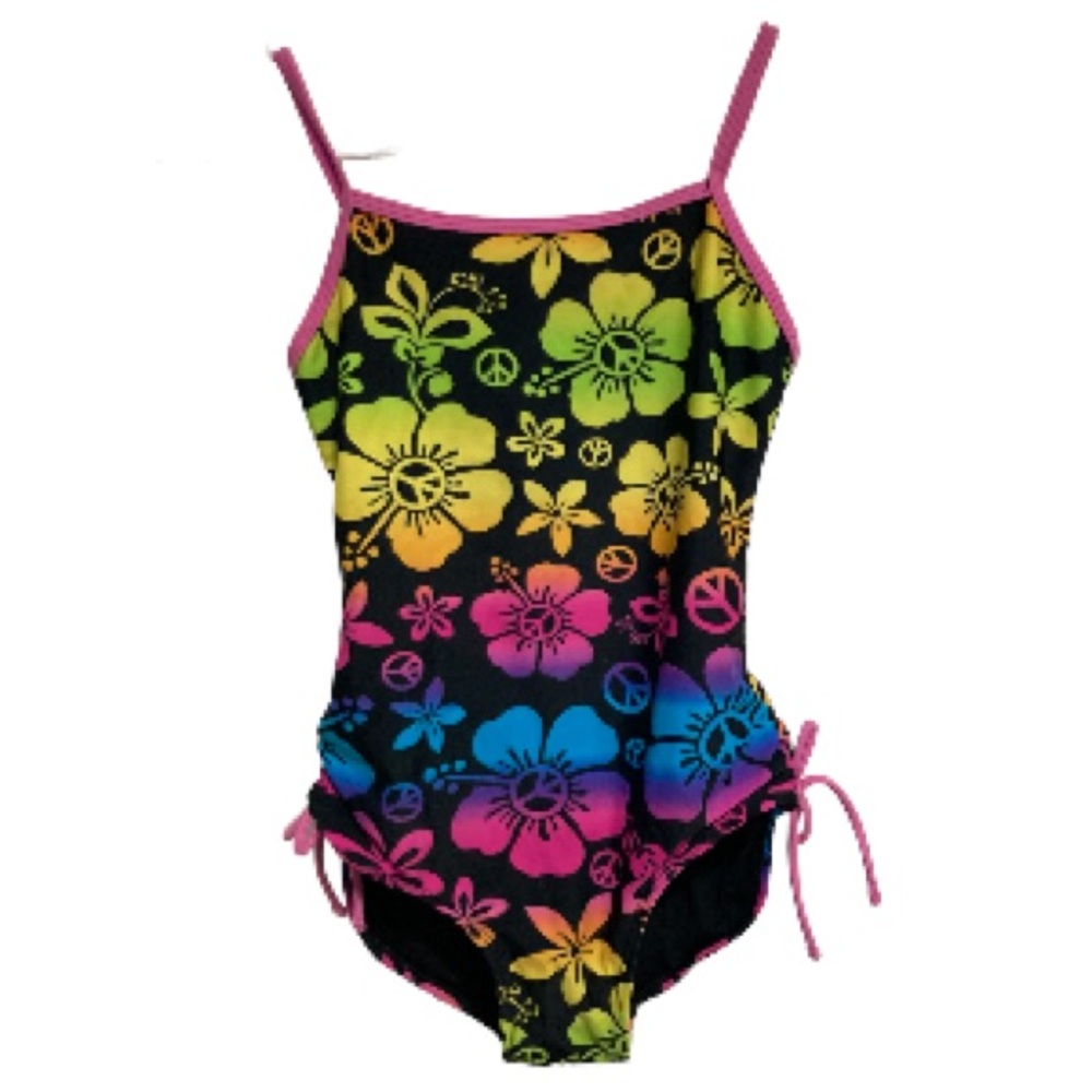 SO One Piece Peace and Flower Power Swimsuit Girls Size 10